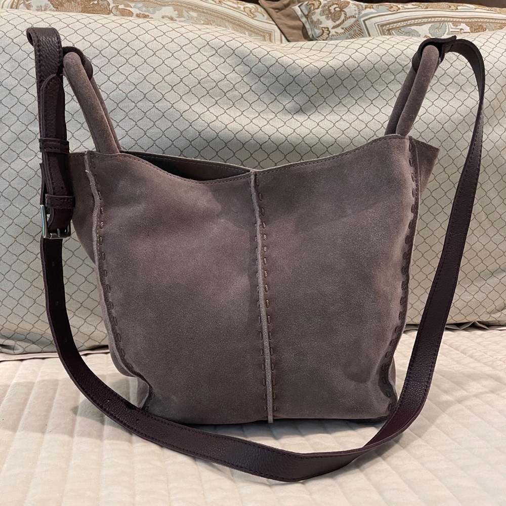 The Sak Suede Los Feliz Suede Crossbody Shoulder Bag in Taupe and Brown